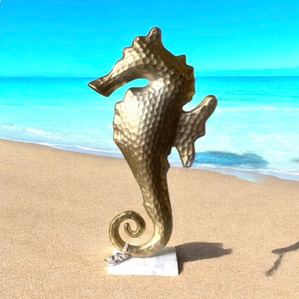 Beach Decor Hammered Gold Brass Seahorse Sculpture Statue Nautical 22”Tall x12”W
